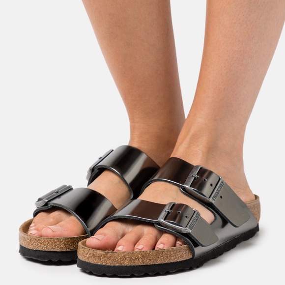 BIRKENSTOCK Arizona Soft Footbed Leather Sandals Metallic Anthracite Size 37 M N - Picture 6 of 12